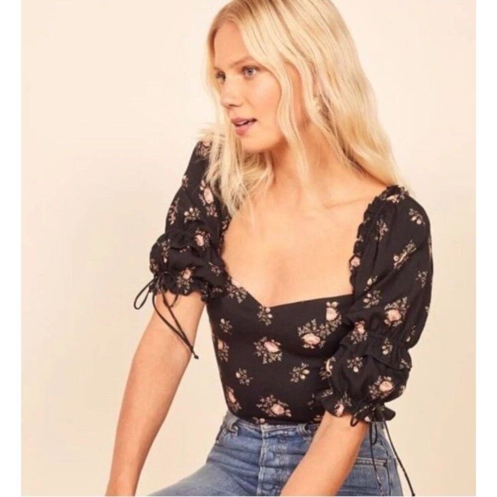 Reformation 0 Nina Top Visalia Black Pink Floral Square Neck Blouse Smocked NWOT
